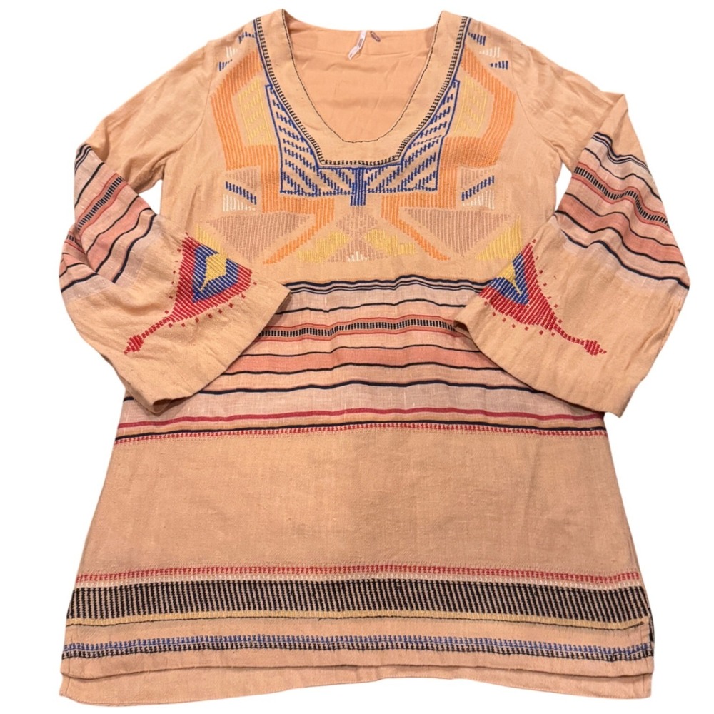 Free People Tribal Embroidered Tunic Dress Geometric Boho V-Neck S 1970s vibes